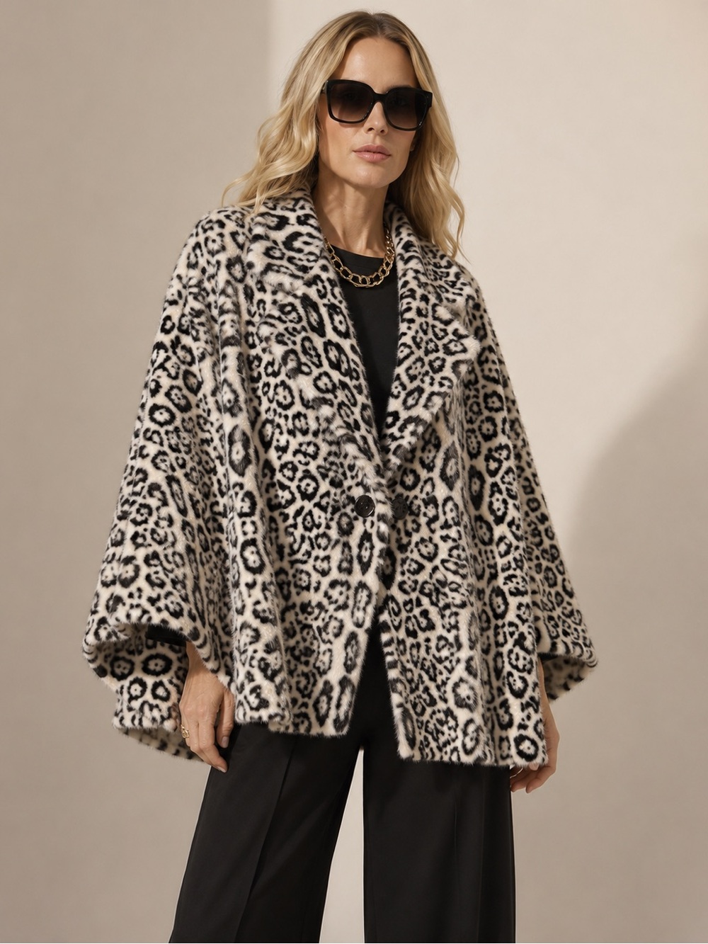 Rachel Zoe Leopard-Print Faux Fur Cape Shawl Poncho Coat One Size Luxe Old Money